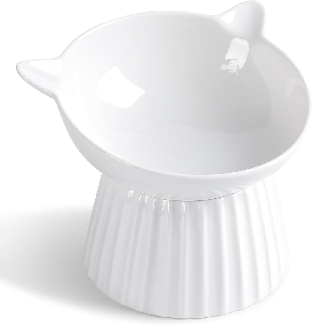 Ceramic Raised Cat BowlTilted Raised Cat Bowl Anti Vomit Cat Bowls for Indoor Cats Whisker Friendly Pet Feeder for Cats Puppies, Microwave and Dishwasher Safe (White)