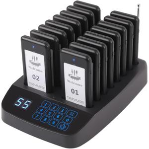 16 Beepers Wireless Restaurant Pager System 500ft Range Calling Customers Waiting Pagers, Vibration Flash and Buzzer for Cafe Restaurant Food Trucks Churches Hospitals Hotels Eatery