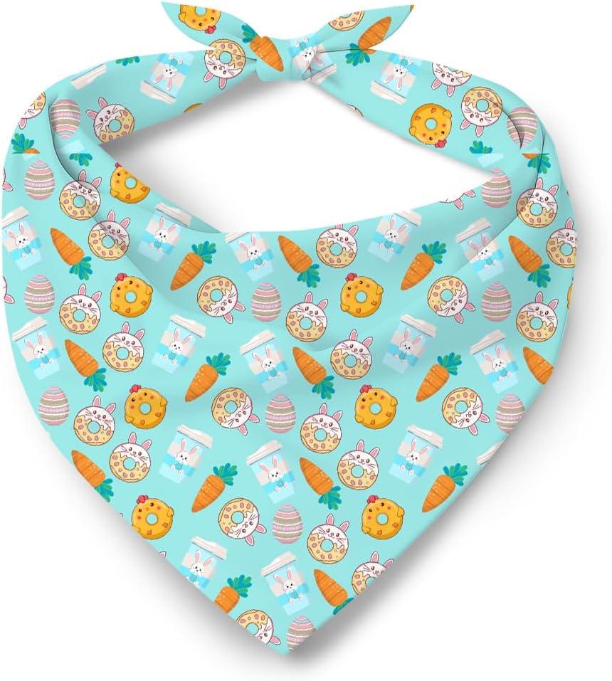 Funny Easter Dog Bandana, Bunny and Chick Donut Print Pet Scarf, Carrots and Easter Eggs Pattern Holiday Pet Bandana for Small Medium Dogs