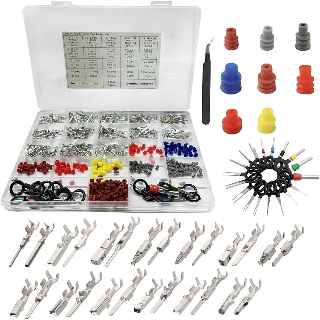 500PCS Car Electrical Wire Terminal Pins, 1/1.5/1.8/2.2/2.8/3.5mm Connector Pins Kit, Male Female Crimp Pin Set, Terminal Removal Tool, Non-Insulated Plug Car Wire Harness Pin