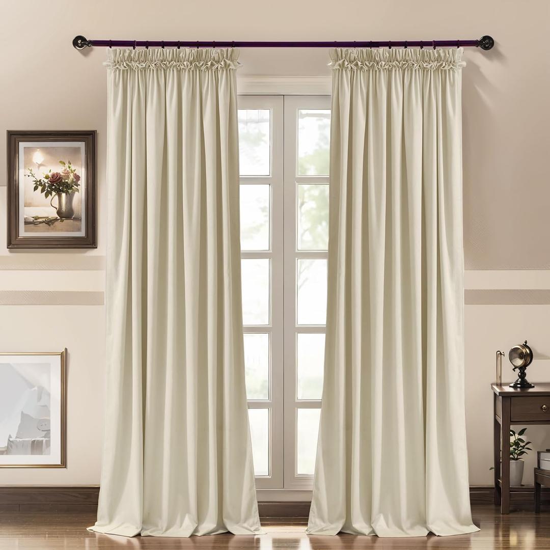RYB HOME Velvet Curtains with Hooks for Bedroom, Pencil Pleated Curtains 84 inches for Nursery Kids, Ruffle Curtains & Drapes for Living Room, Beige, W 52 x L 84 inches, 2 Panels