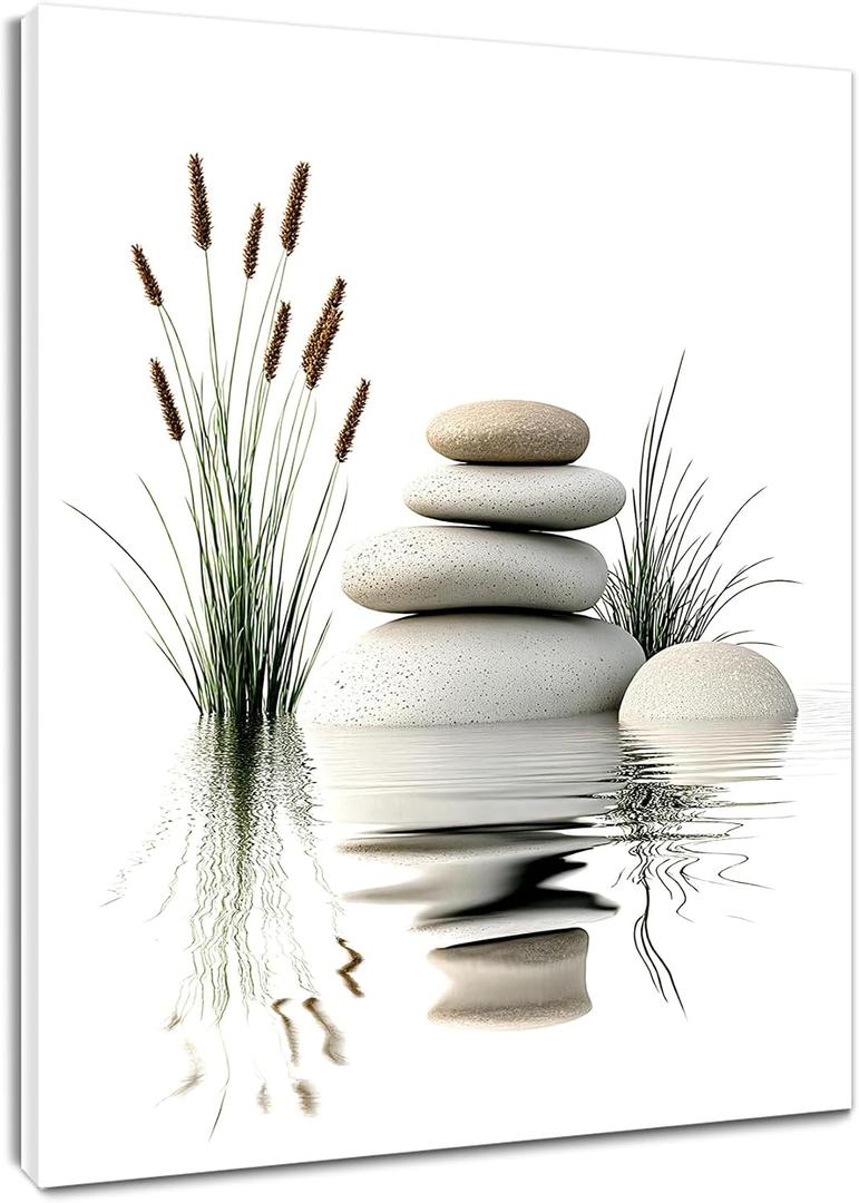 EOBTAIN Zen Wall Art for Bathroom Zen Stone with Green Wild Grass in Water Nature Canvas Wall Art for Bedroom Living Room Spiritual Relaxing Canvas Paintings Spa Yoga Office Wall Decor,16x20 Inch