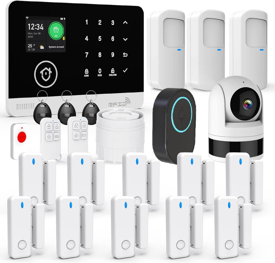Home Alarm System with Camera, 23 Pieces Wireless WiFi/GSM SMS Home Security System with Motion Detector, 120dB Alarm Siren, Remote Control, Doorbell Button and SOS Button for Villa,Warehouse