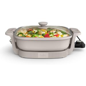 Bella Make & Take Electric Skillet, Fits-anywhere kitchenware, EverGood Ceramic Coating, Adjustable Temperature & Dishwasher-Safe Tempered Glass Lid, Cast Aluminum Base, 1200 Watt, Oatmilk