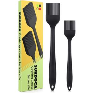 SURDOCA Silicone Pastry Basting Brush - 2Pcs 10 + 8 in Heat Resistant Brush for Baking Cooking Food, BPA Free Kitchen Brush for Sauce Butter Oil, Stainless Steel Core Design for Barbecue BBQ Grilling (Black)