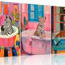 Framed Funky Bathroom Animal Wall Art set of 3, Tiger Leopard Zebra in Bathtub pictures Wall Decor, Pink Kitsch Aesthetic Animal Eclectic Posters Print Artwork for Restroom Bathroom (L12''W16'', Canvas)