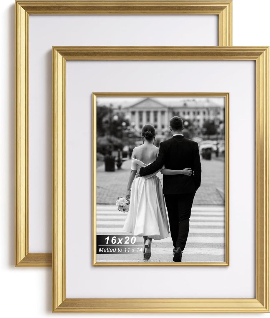 Yaetm 16x20 Gold Picture Frame with Decorative Inner Frame & Tempered Glass, Display 11x14 Photos with Mat on Wall - Portrait or Landscape - Ideal for Office & Home Dcor (Gold, 2 Pack)