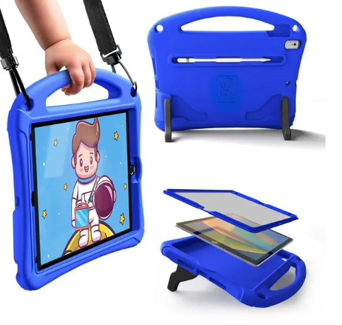 Bam Bino Space Suit Kids Case for iPad Pro 12.9" 3rd/4th/5th/6th Generation (2018-2022) Models [Not for iPad Pro 12.9 1st/2nd Gen] Screen Guard, Handle, Shoulder Strap, Pencil Holder (Blue)