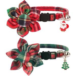 ADOGGYGO Christmas Cat Collar with Floral, 2 Pack Xmas Kitten Flower Collar, Red Green Plaid Christmas Collars for Cat Kitten (7.5"- 10.5")