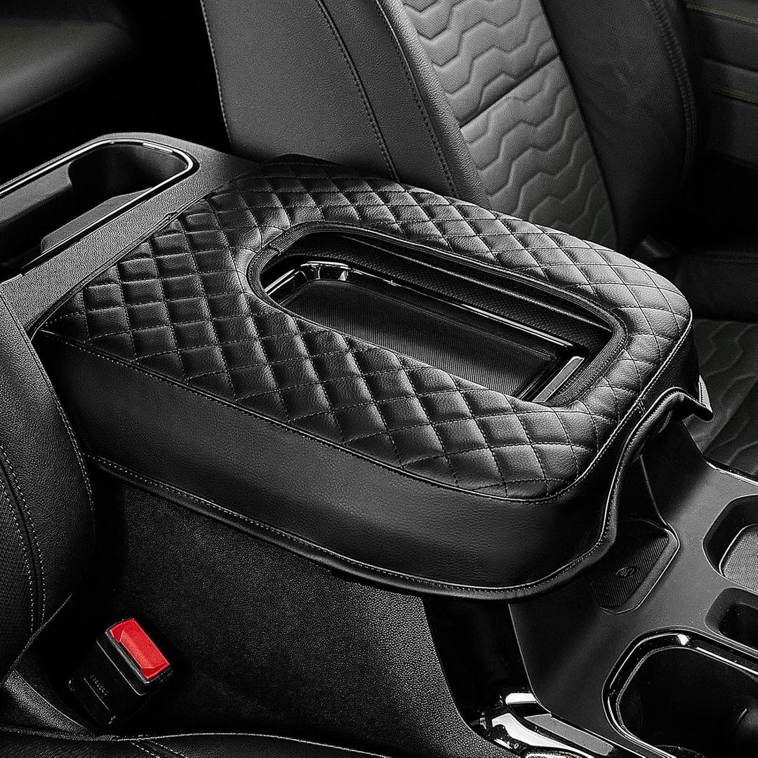 JOYTUTUS Center Console Cover Compatible with Silverado Sierra 2019-2025, Leather Arm Rest Armrest Cover for Car, Middle Console Cover Lid, Car Arm Rest Covers Cushion Pad, Car Black Accessories