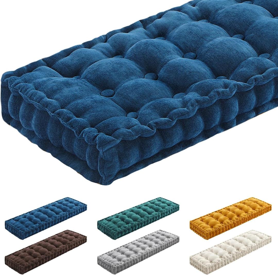 Geelin 48x18 Inch Bench Cushions for Indoor Furniture Window Chenille Velvet Navy Blue Button Tufted Thicken Seat Pad Mat with Memory Foam Sofa Chair Daybed Floor Pillow for Living Room Porch Swing