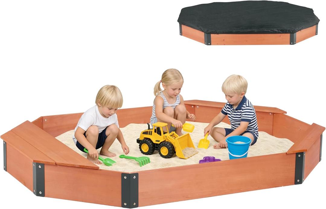 75.5''x53''x8.5'' Octagon Sandbox with Storage Box for Kids Outdoor Play, Wood Large Sandpit with Cover & 3 Benches, Quick Easy Install 
