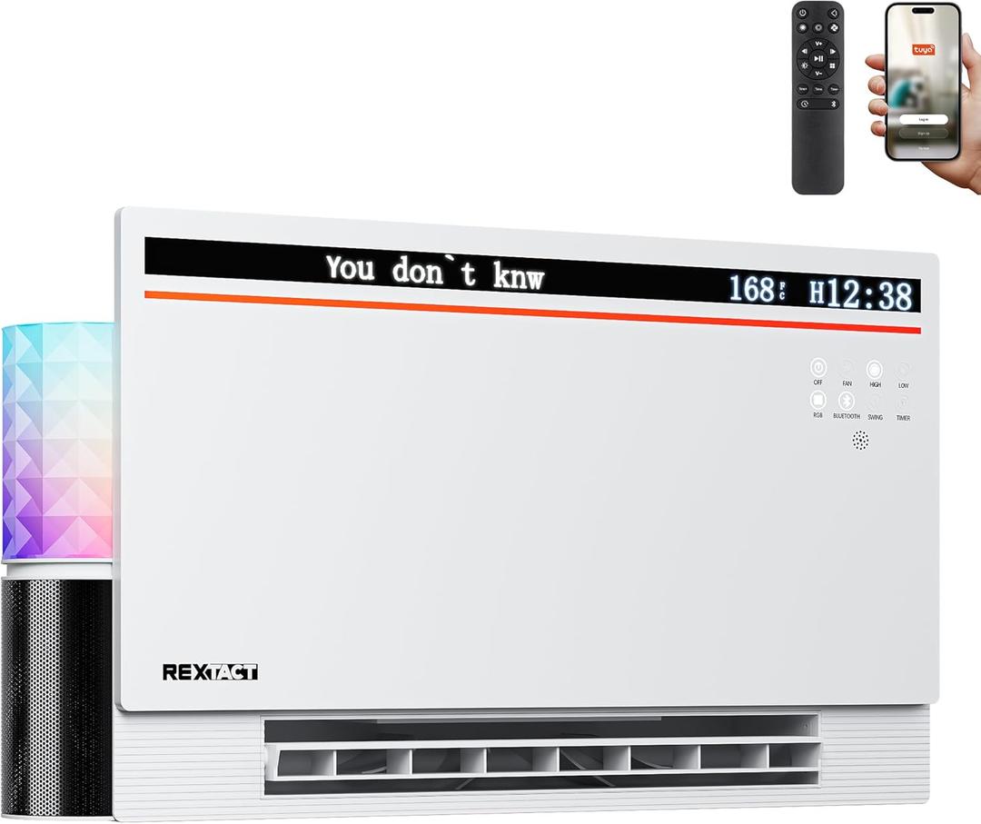 RexTact Smart Panel Heater 1800W with Bluetooth Speaker - 6-in-1 Heater Fan, Lyric Display, RGB Lights, App/Voice/Remote/Touch Control, Wall Mount or Freestanding, Compatible with AlexaWhite