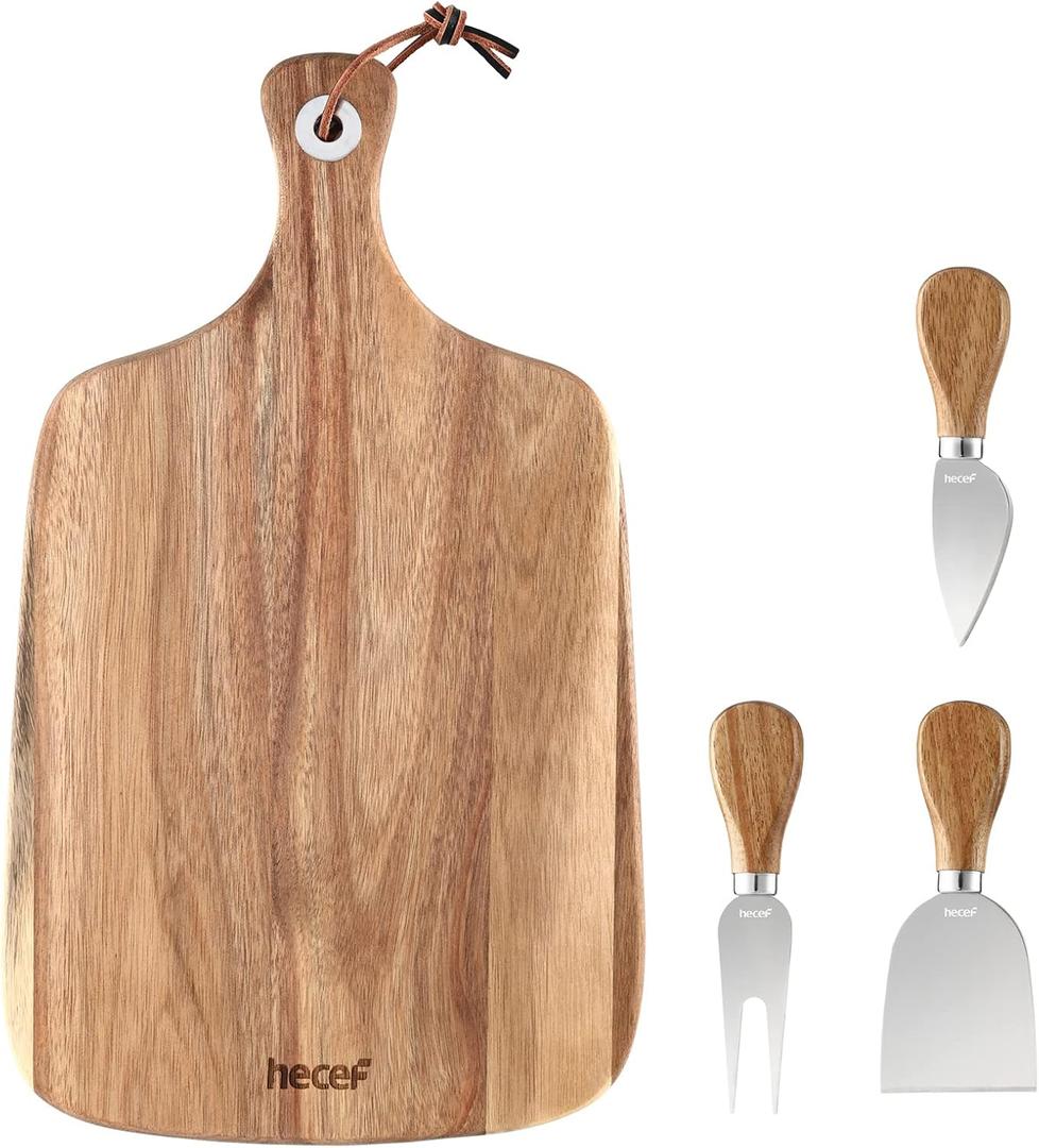hecef Upgrade Bigger Cheese Board set of 4, a Acacia Wood Cheese Plate and 4 Pcs Knives, Charcuterie Platter Serving Tray for Appetizers, Feast, Housewarming, Cheese Serving