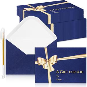 Glenmal 50 Pcs Christmas Mini Gift Card Envelopes with Golden Bow Card Holder Business Envelopes with Gold Ink Pen for Christmas Festival Party Supplies, 2.7 x 3.9''(Blue)