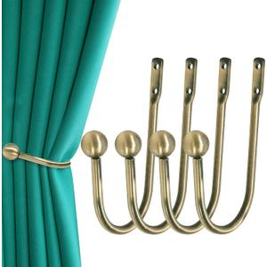 Curtain Holdback, 4 Pcs Wall Mounted Drapery Tiebacks with Screws, Heavy Duty Metal Decorative Window Drapery Holder Curtain Hook, Brass