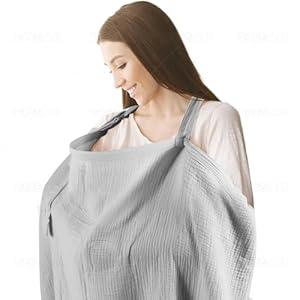 Muslin Breastfeeding Cover for Baby Moms- Allows Hands-Free Baby Check, 100% Cotton, Featuring Windproof Straps, Includes A Small Potable Storage Pocket, Baby Breast Feeding Must Haves
