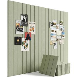 Aothia 12-Pack Felt Bulletin Board Tiles 48"x36", Modular Pin Board for Notes, Photos & Mood Boards, Cork Board Alternative for Smooth Walls, 0.35" Thick, 70 Adhesive Tabs & 40 Pins, Sage Green, Bold Stripe