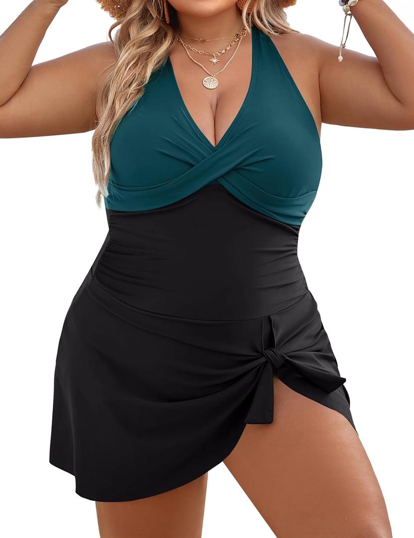Blooming Jelly Women Plus Size Swim Dress Swimsuit One Piece Tummy Control Bathing Suits Modest Criss Cross Swim Suits (Peacock Green & Black), Large Plus