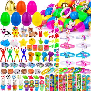 [ 6 Surprise Gold Eggs ] 100 Pack Prefilled Easter Eggs with Assorted Toys Inside, Truly Pre-Filled Plastic Easter Egg Filles Fidget Toys Easter Hunt, Basket Stuffers Party Favors for Kids Boys Girls