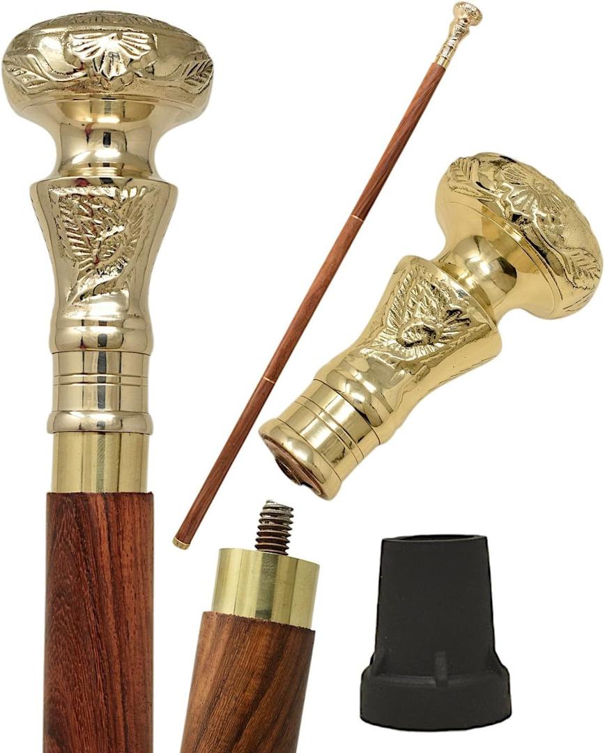 Vintage Brass Handle Victorian Telescope Fold able Wooden Walking Stick, Walking Cane with for Men & Women, Fancy Canes, Ideal Gift