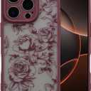 XIZYO for iPhone 15 Pro Max Case, Floral Flower Cute Aesthetic Case for Women Girls Rose Pattern Slim TPU Bumper Shockproof Protective Cover for iPhone 15 Pro Max 6.7 Inch, Branch Rose/Wine Red