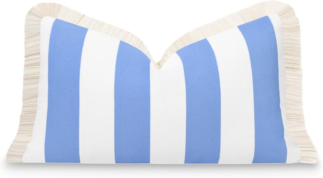 Hofdeco Premium Coastal Patio Indoor Outdoor Lumbar Pillow Cover Only, 12"x20" Water Repellent for Backyard, Couch, Cornflower Blue Stripe Fringe
