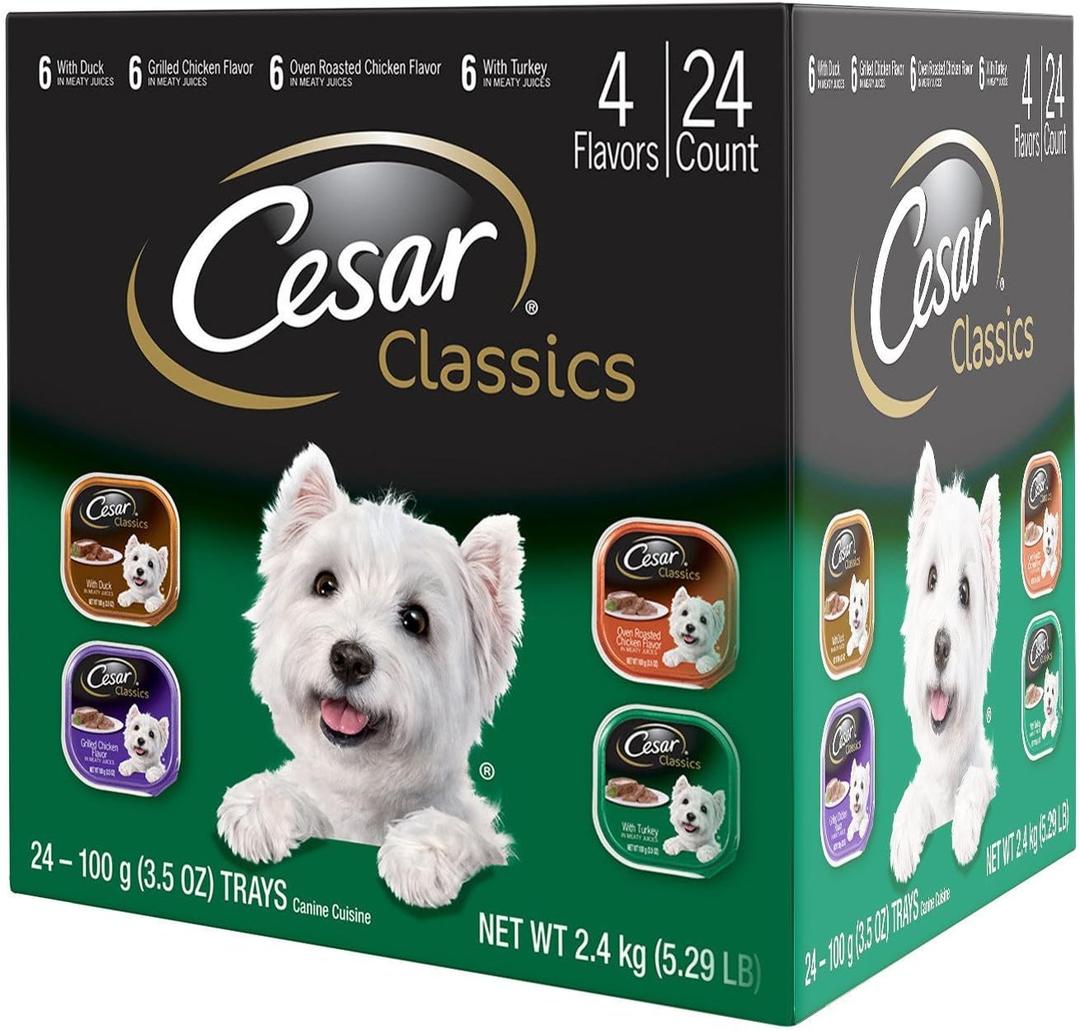 Cesar Classic Loaf in Sauce Adult Wet Dog Food with Duck, Oven Roasted Chicken, Grilled Chicken, and Turkey Recipes, 3.5 oz. Easy Peel Trays, Variety Pack (24 Count, Pack of 1) (EXP 09/30/27)