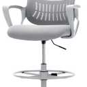 Sweetcrispy Home Office Drafting Chair - Ergonomic High Stool Computer with Adjustable Height and Comfy Lumbar Support, Tall Rolling Task for Standing Desk with Fixed Arm and Footrest, Grey