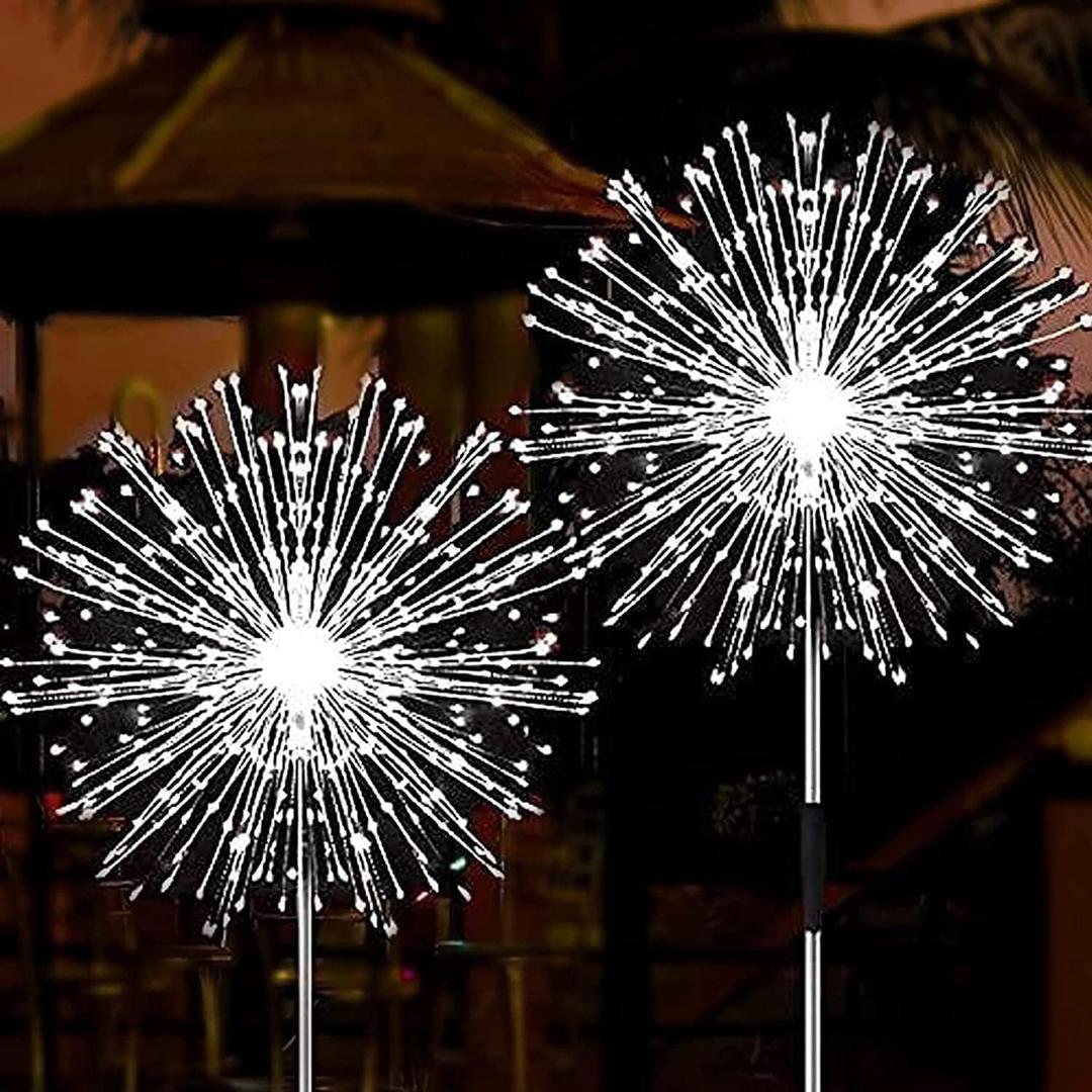 2 x JJGoo Solar Firework Lights, 2 Pack 120 LEDs 2 Lighting Modes Solar Garden Lights Outdoor Waterproof for Yard Patio Walkway Pathway Party Wedding Christmas Decorative- Cool White
