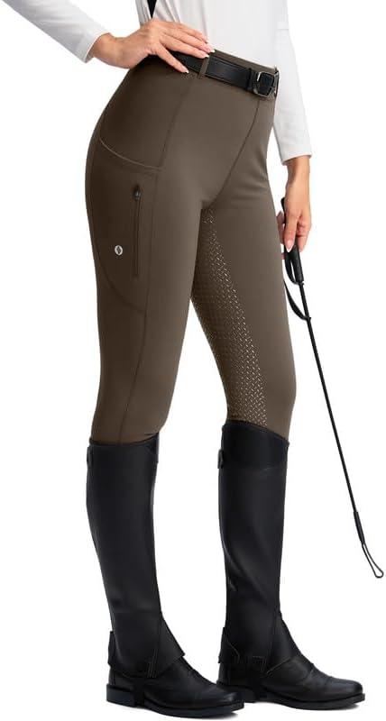 SANTINY Women's Horse Riding Pants Zipper Pockets Silicone Full-Seat Breeches Equestrian Schooling Tights for Women (Large, Brown)