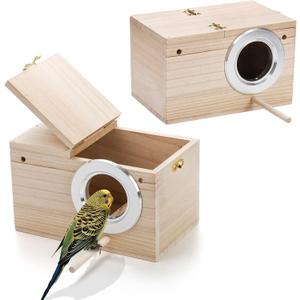 Hiceeden 2 Pack Parakeet Nest Box, Natural Wood Bird Nesting Box, Small Bird House Breeding Box for Budgie Lovebirds, Cockatiel, Parrots Mating, Aviary, 7.74.74.7 Inches