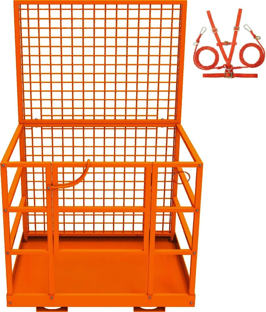 Forklift Safety Cage, 43 in x45 in Forklift Man Basket,1800 LBS Forklift Work Platform with Safety Harness & Lock,Forklift Aerial Platform 2-Man Collapsible Lift Basket for Lifting Loader (Orange)