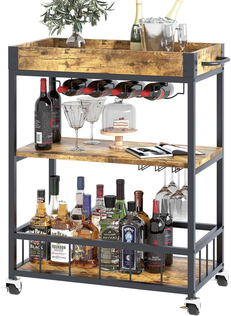 Bar Cart Serving Wine 3 Tier Home Rolling Rack with Wheels Mobile Kitchen Industrial Vintage Style Wood Metal Serving Trolley Serving Cart,Glass Holder Bar Cabinet (Rustic Brown)