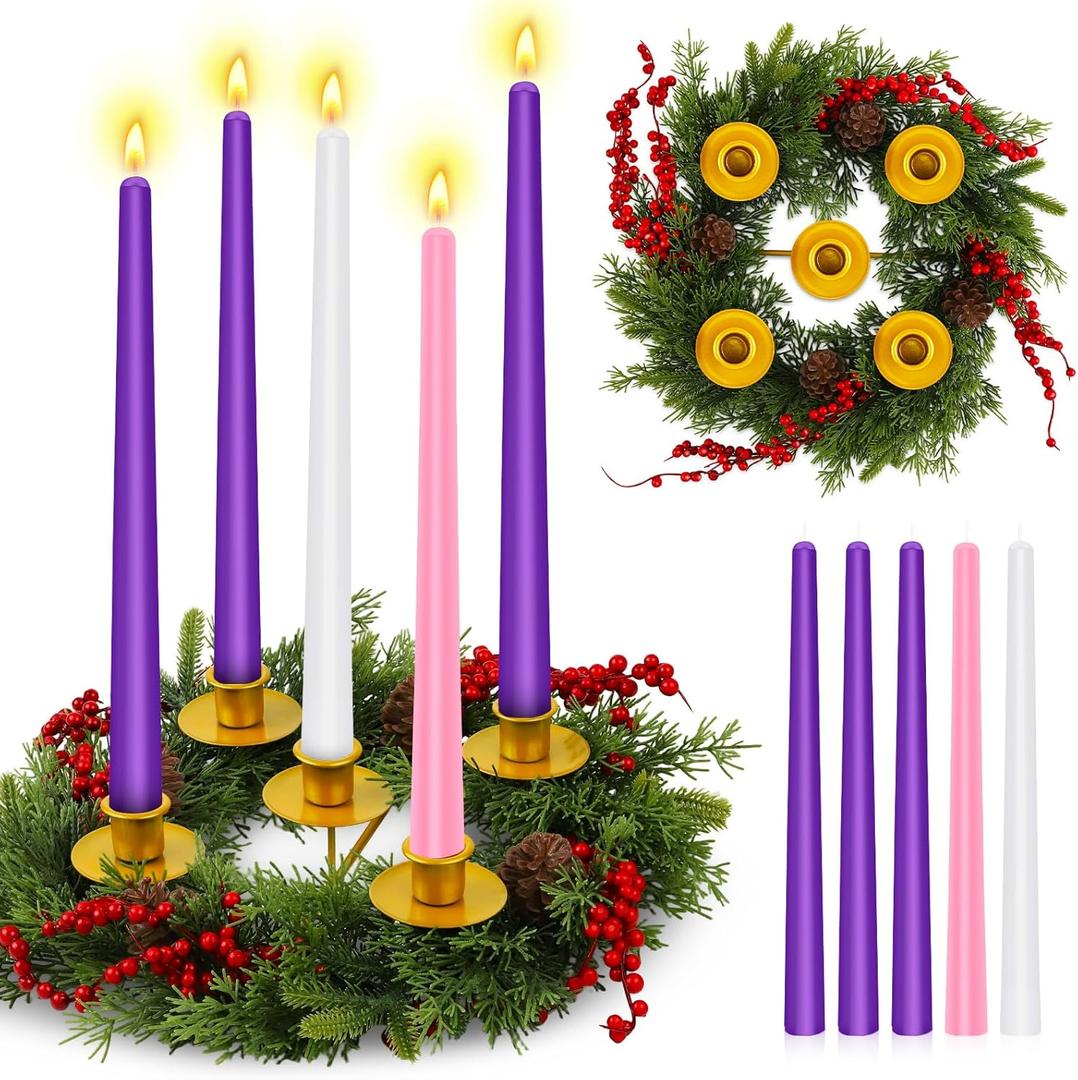 12 Inch Christmas Advent Wreath with 5 Candle Holders and Taper Candles, Metal Candle Cups, Fire Retardant Evergreen Centerpiece for Table Home & Church Advent Decoration
