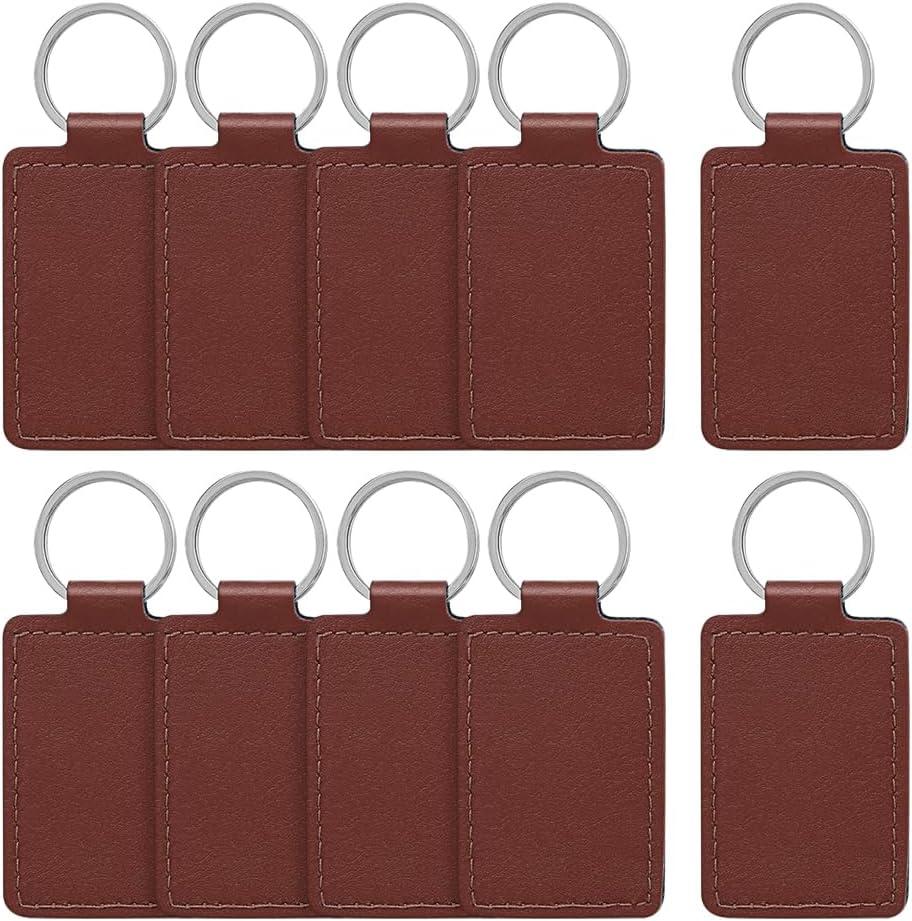 10 Pcs Rectangular PU Leather Key Fob with Ring Blank Keychain Holder Ornaments Laser Engraving Key Tags Leather Key Chain Charms Pendants Stamping Key Chains Leather Craft Keychain Blanks Brown, 8.5 x 4cm