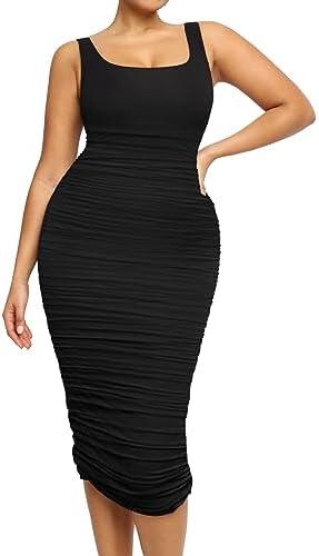 SHAPELLX Shaper Dress Sexy Ruched Bodycon Dress for Women Built-in 360° Tank Top Casual Party Club Midi Dresses, L