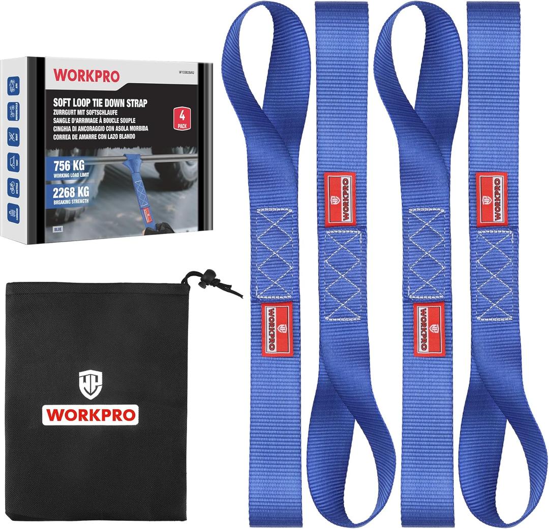 WORKPRO Soft Loop Tie Down Straps (6-Pack), 1.6" x 17", 5000 lbs Breaking Strength. Heavy Duty with Soft Loop Ends for Securing Motorcycles, ATVs, UTVs, Kayaks, Dirt Bikes - Blue