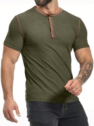 PLEPAN Mens Henley Shirts Crewneck Short Sleeve Casual Cotton T-Shirts with Contrast Color Collar L