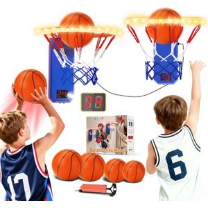 VATOS 2 Pcs LED Basketball Hoop Toy Set - Mini Basketball Hoop Indoor for Kids with 2 Game Mode, Sound Effect, Auto-Score & 4 Balls, Stick-on Basketball Hoop Toy Sport Game for Kids 3-8