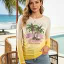 MOUSYA Summer Sheer Tops for Women Mesh Long Sleeve Top | Summer Sheer Tops for Women Mesh Long Sleeve Top See Through Sexy Going Out Tee Beach Palm Graphic Undershirt (L)