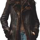 Womens Vintage Shearling Leather Coat Brown Faux Fur Lined Winter Jacket, Warm Aviator Style Outerwear, XL