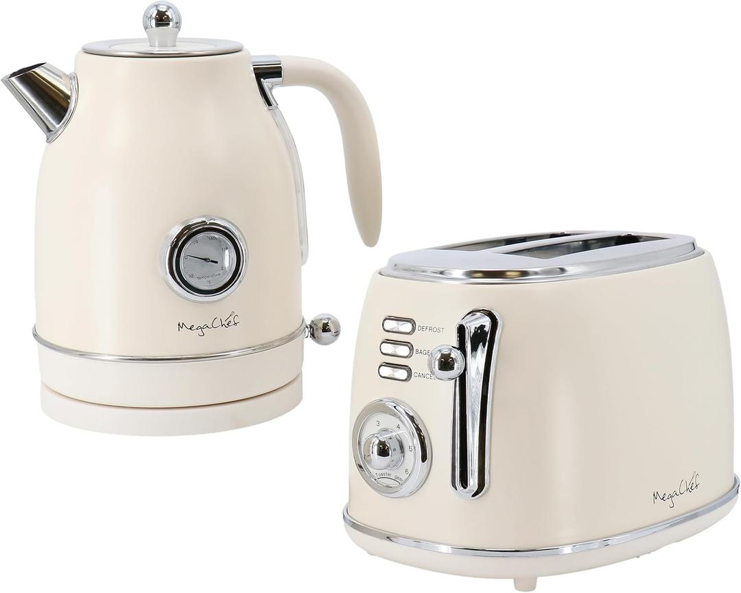 MegaChef 1.7 Quart Electric Tea Kettle and 2 Slice Toaster Combo in Matte Cream (Cream) (One Size)