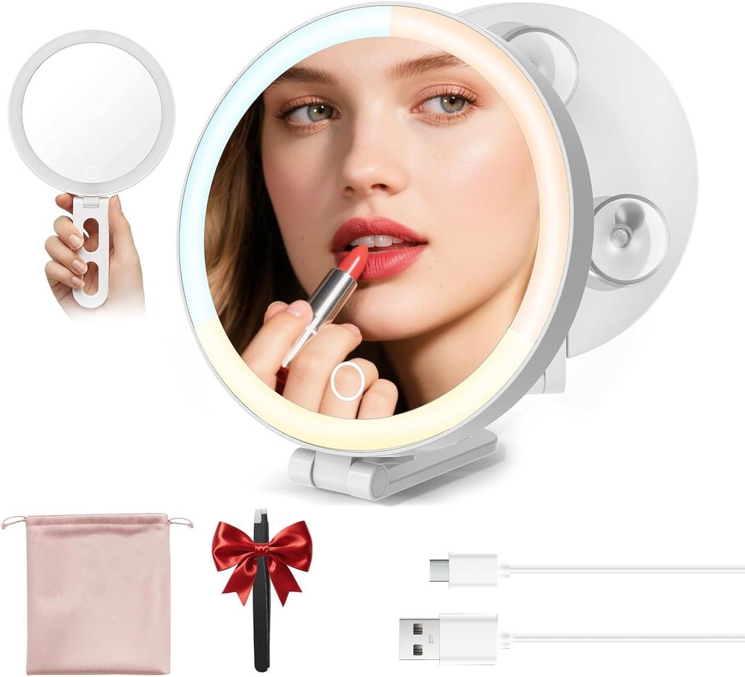 Travel Makeup Mirror with Lights, Lighted Magnifying Mirror 10X, 4-in-1 Portable for Handheld, Tabletop, Hanging and Wall Mount with Suction Cup and 3 Color Light, Ideal Gift for Women and Seniors