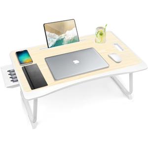 Amaredom Laptop Bed Desk Tray Bed Table, Foldable Portable Lap Desk Notebook Stand Reading Holder with Storage Drawer and Cup Holder for Eating Breakfast on Bed/Couch/Sofa-White Maple