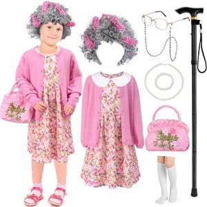 Zivyes Old Lady Costume 100 Days of School Costumes Granny Wig Glasses Necklace Grandma Dress Up Accessories(Pink, L)