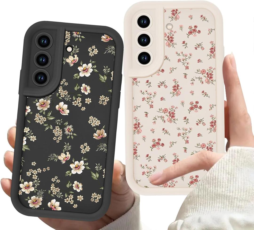 2 Pack Flower Phone Case for Samsung Galaxy S21 Plus 5G 6.7",Cute Floral Print Cases Unique Plant Design Pattern for Women Girls Teens,Soft TPU Shockproof Protective Cover S21 Plus,Beige Black
