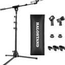 Microphone Stand Floor Foldable Mic Stand Heavy Duty Tripod Boom Arm with 2 Screws Adapter 2 Mic Clips 2 Foam Covers and Carrying Bag for Singing Karaoke Stage HLS02