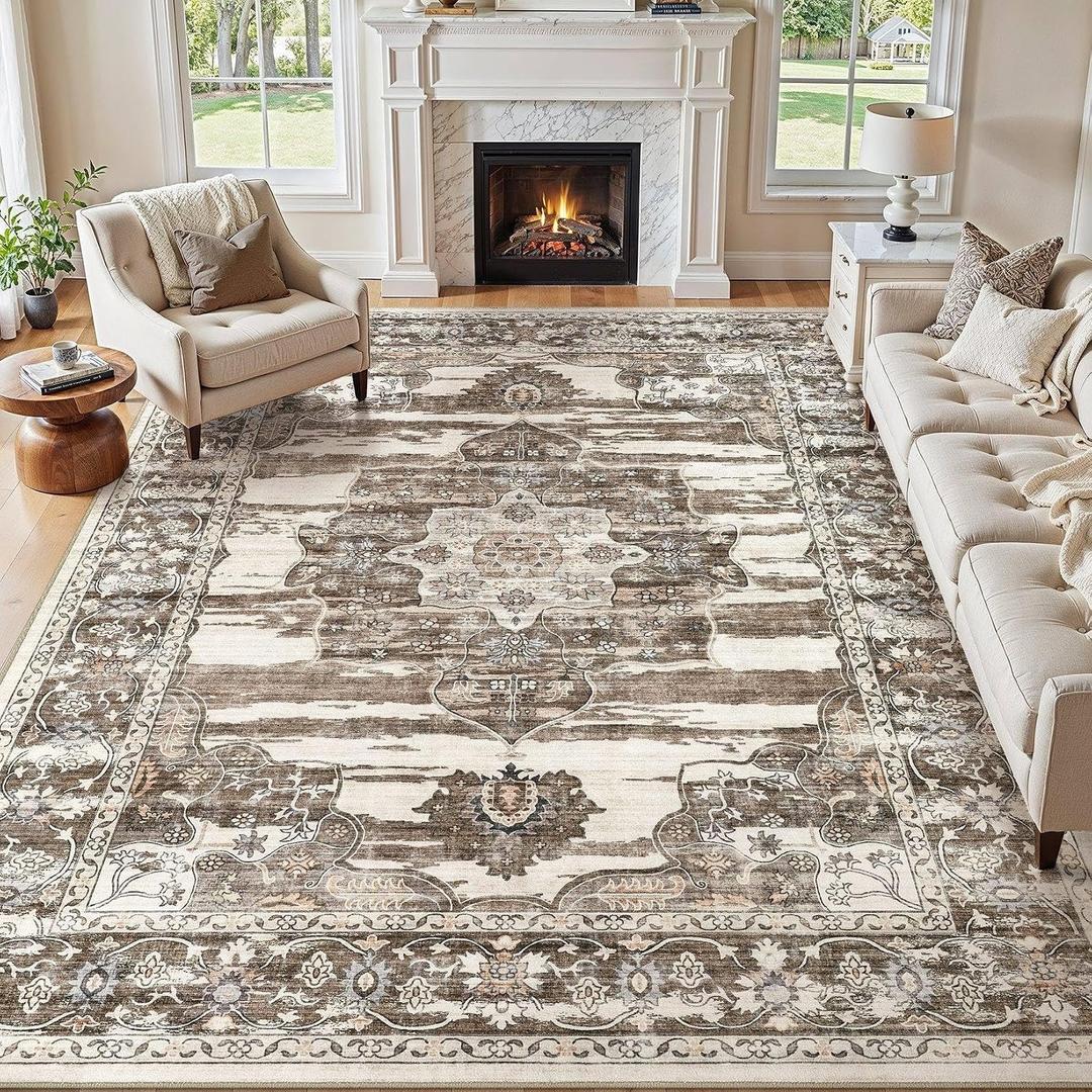 Washable 8x10 Area Rug for Living Room & Dining Room - Large Vintage Soft Carpet with Non-Slip Backing, Stain Resistant Low-Pile Indoor Rug for Home Office, Kid & Pet Friendly- Dark Brown