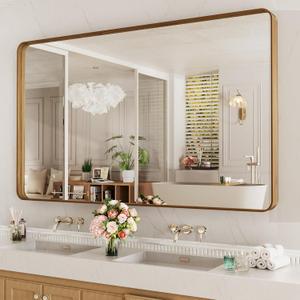 LOAAO 60X28 Inch Bathroom Mirror with Wood Grain Colored Metal Frame, Rounded Rectangle Metal Framed Bathroom Mirror, Anti-Rust, Hangs Horizontally or Vertically, Tempered Glass
